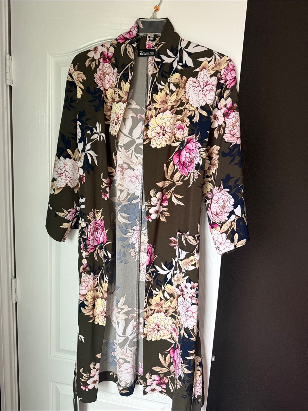 7th Avenue Olive Floral Open-Front Duster with Pink & Cream Blooms